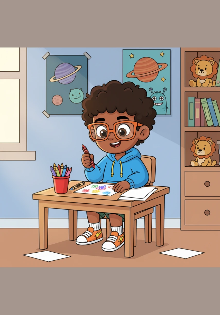 Izhaan is a bright seven-year-old boy with dark skin and dark brown hair who loves his stylish orange-framed glasses. In his cozy bedroom, he sits at his small wooden desk surrounded by vibrant crayons and scattered sheets of paper, ready to create something new.