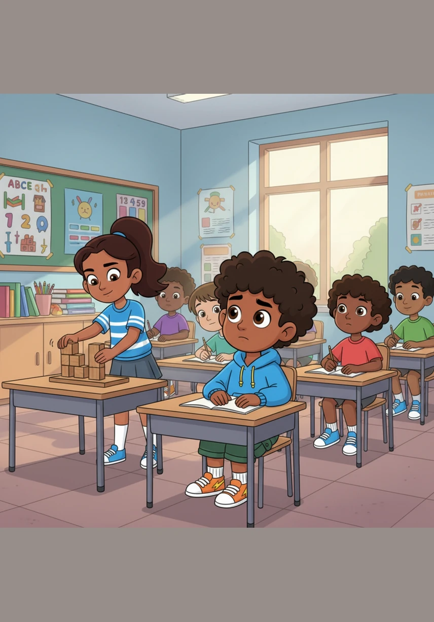 At school the next day, Izhaan sits in his Grade 1 classroom and watches a classmate solve a challenging puzzle very quickly. He feels a familiar pinch of doubt, realizing there are still many things he is just beginning to understand.