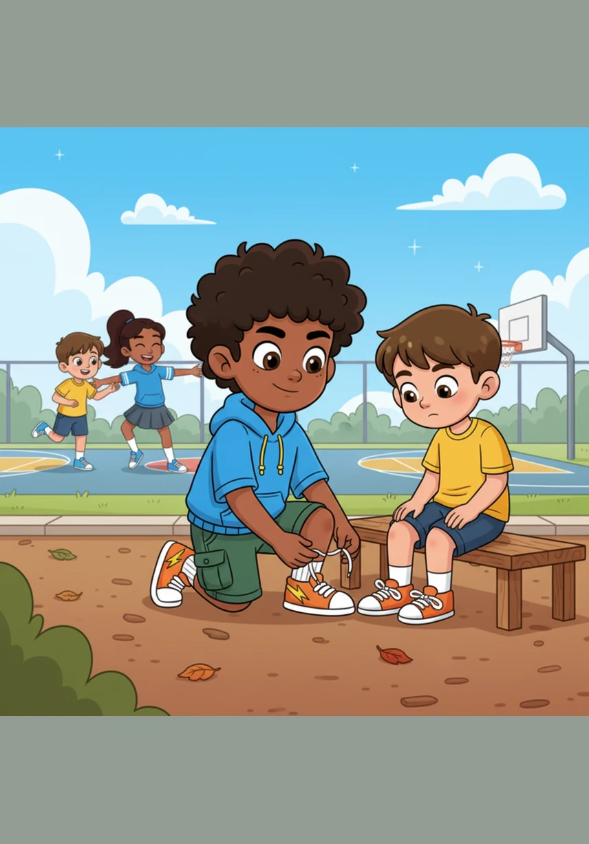 Later during recess, Izhaan notices his friend Leo struggling to tie his shoelaces before a game of tag. Izhaan remembers how it feels to struggle and realizes that he actually knows exactly how to help his friend.