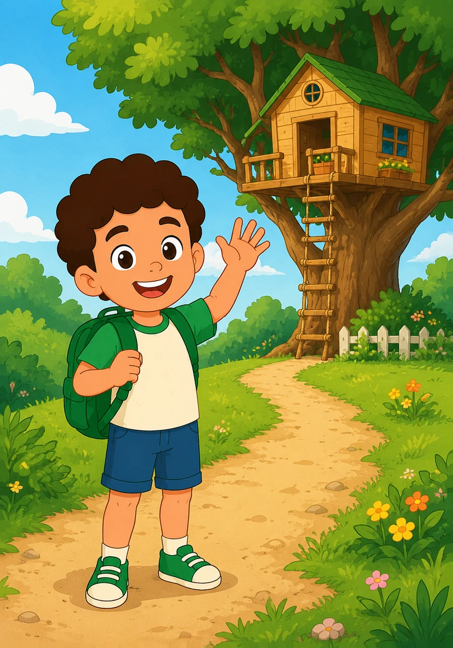 Kiko, a cheerful boy with curly hair and a green backpack, waves goodbye to his tidy treehouse home, ready for a sunny afternoon of exploring.