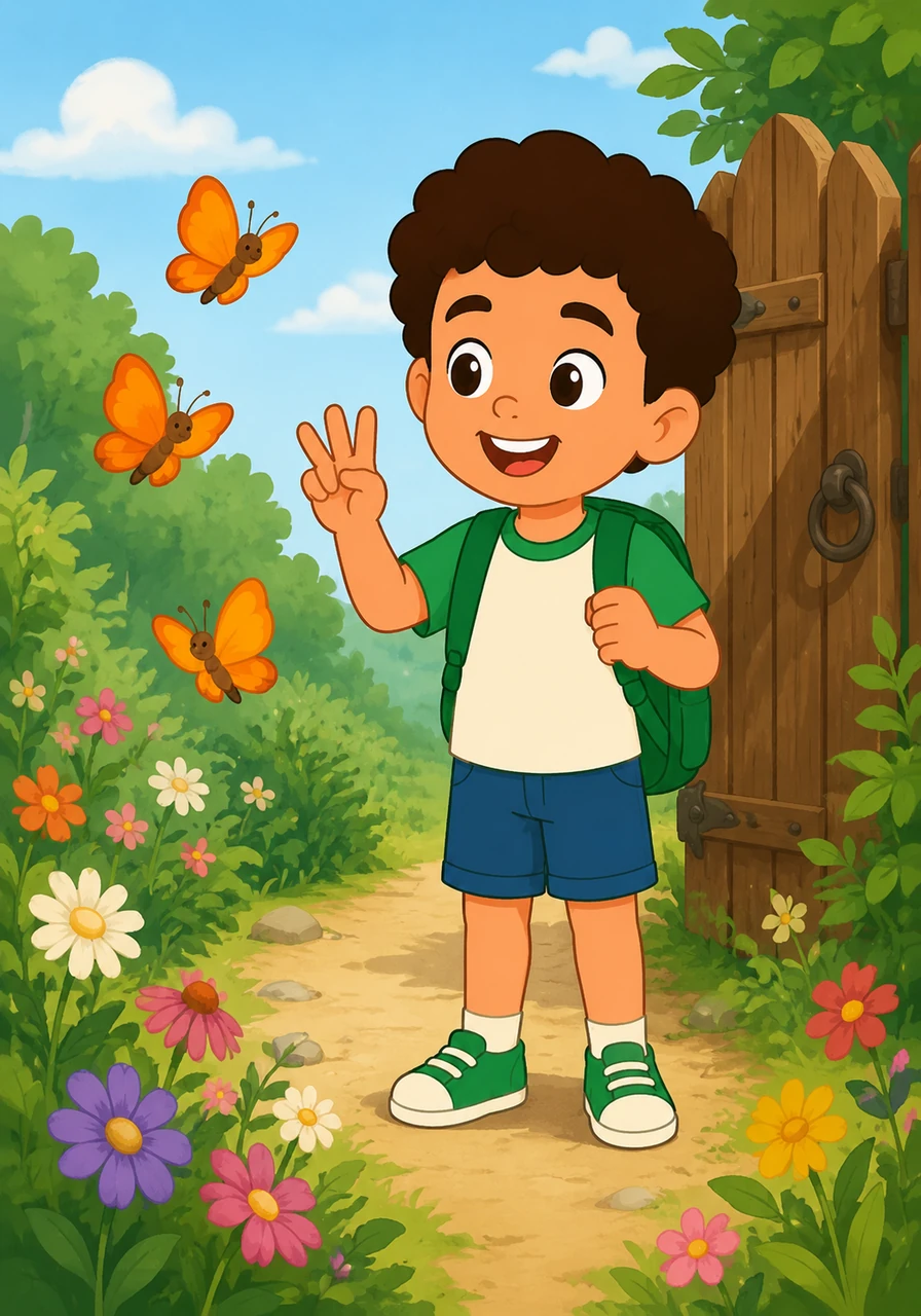 Stopping by a garden gate, Kiko encounters three fuzzy orange butterflies fluttering near some wildflowers. He smiles and carefully counts them, 'One, two, three!'