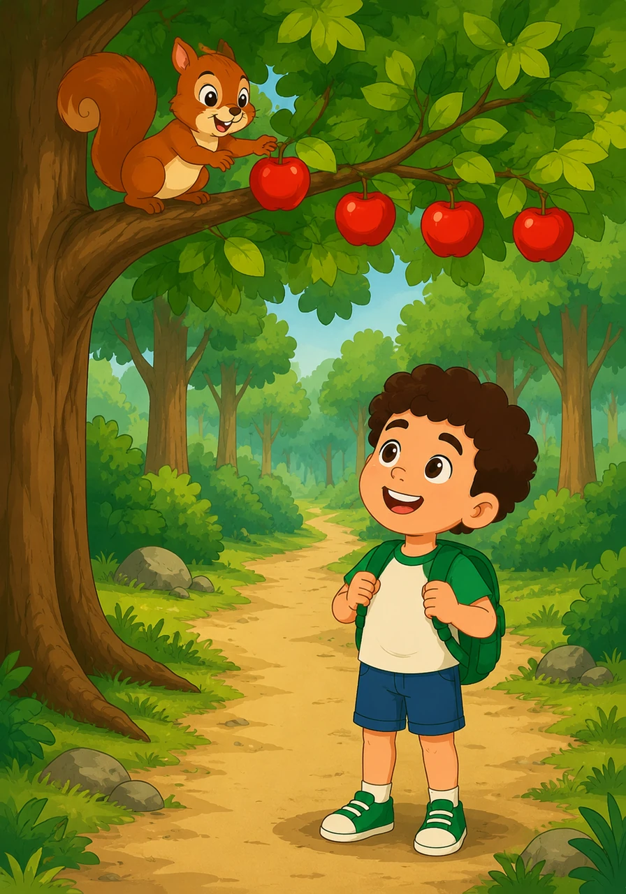 Further down the path, Kiko spots four shiny red apples hanging from a leafy branch. He wonders if he can count them all before a playful squirrel grabs one.
