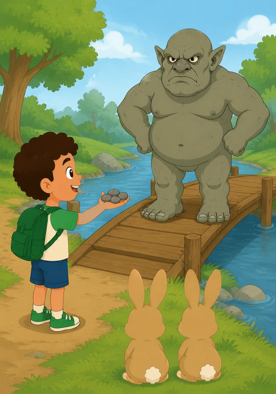 A grumpy troll blocks a small bridge, demanding five perfectly round pebbles as a toll. Kiko searches the riverbank and proudly presents the exact number.