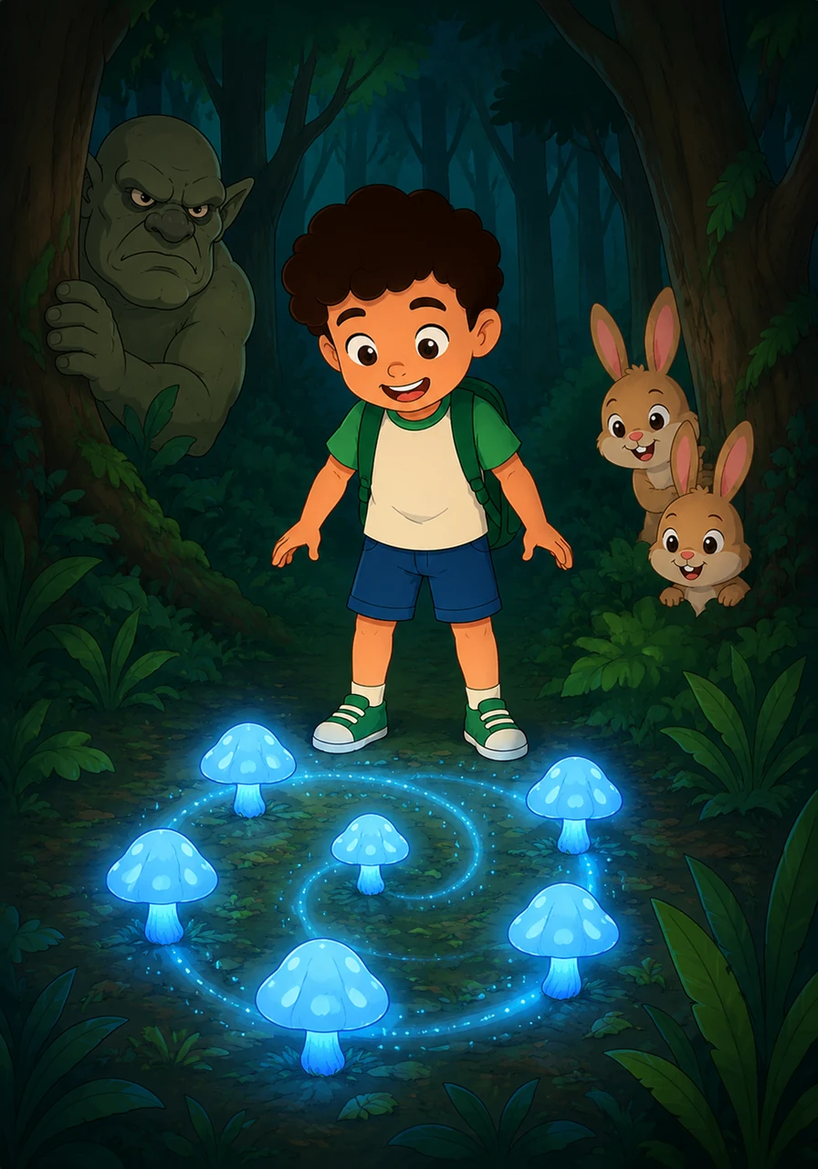 Deep in the woods, Kiko discovers a circle of six glowing blue mushrooms arranging themselves into a spiral pattern. It looks like a secret fairy path!