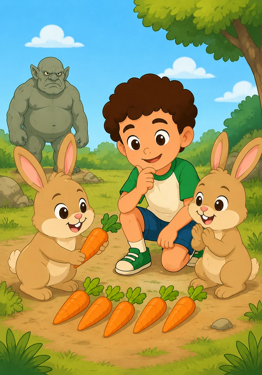 Two friendly bunnies approach Kiko, offering him five juicy carrots to share. After some quick math, they decide exactly how many carrots each of them gets.