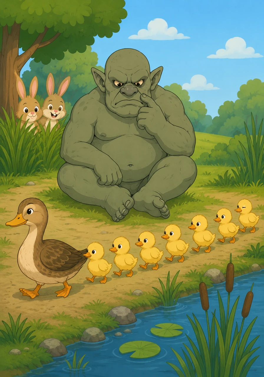 A family of seven fluffy yellow ducklings waddles across Kiko's path. He stays very still, counting them one by one as they follow their mother to the pond.