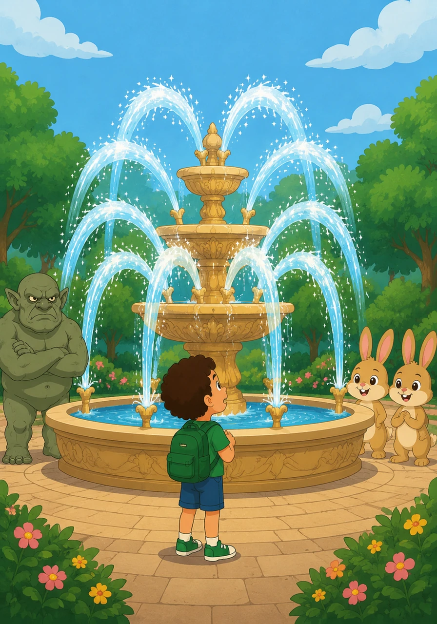 Kiko arrives at a beautiful fountain adorned with eight sparkling water jets. He watches in awe as the water dances in rhythm with his counting.