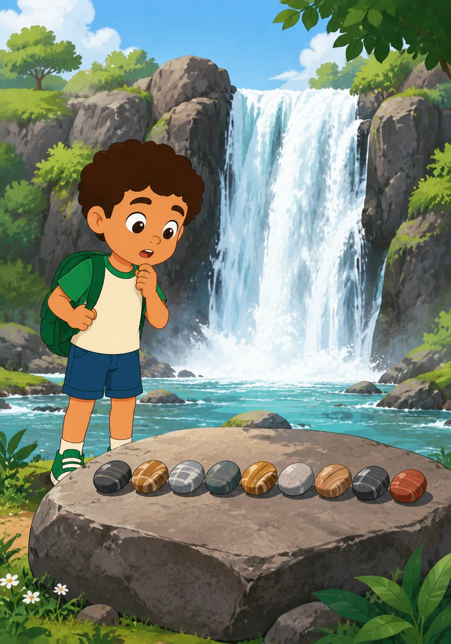 Beside a roaring waterfall, Kiko finds nine smooth, striped stones lined up perfectly on a large flat rock. He wonders who could have arranged them so neatly.