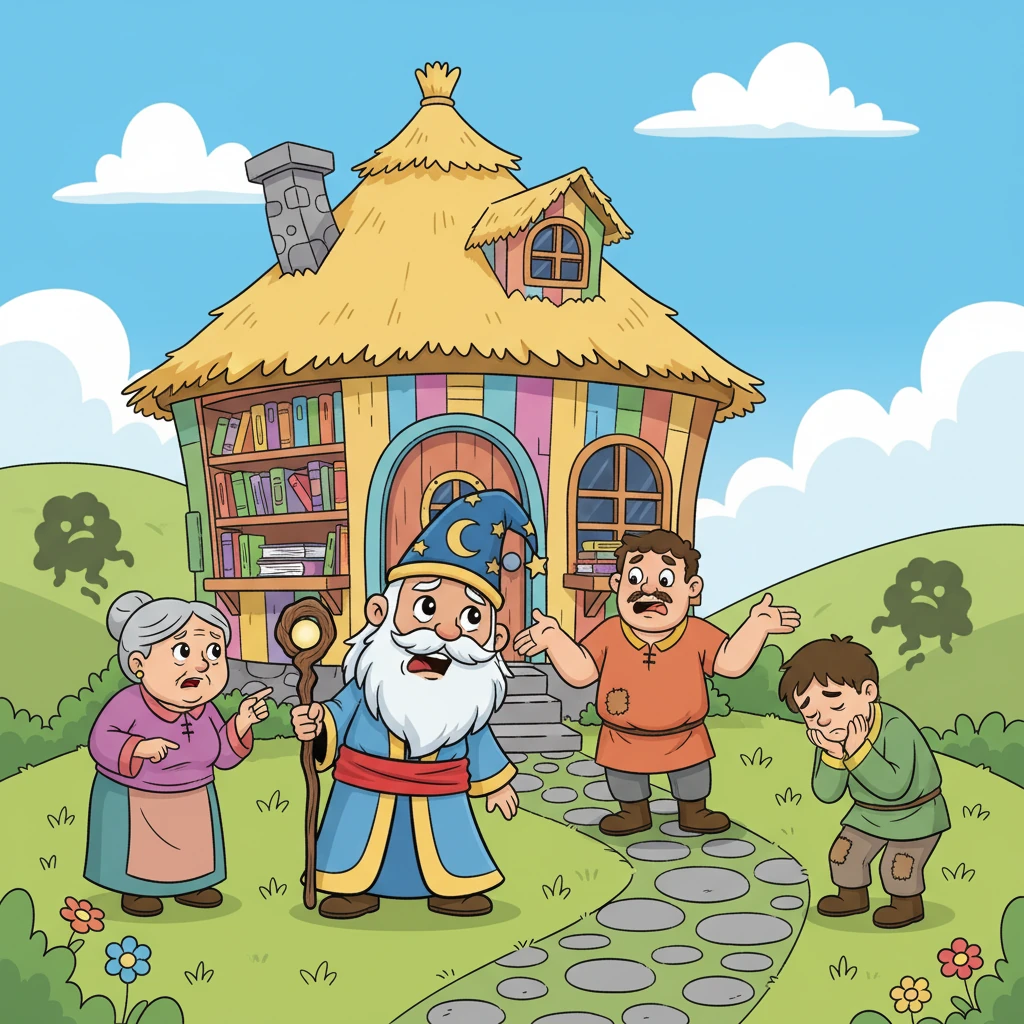 In a bustling, colorful village nestled among rolling green hills, people often gathered around Professor Wisdom's cozy, book-filled hut. They came daily, their faces etched with familiar worries, always complaining about the same old problems that seemed to follow them like shadows.