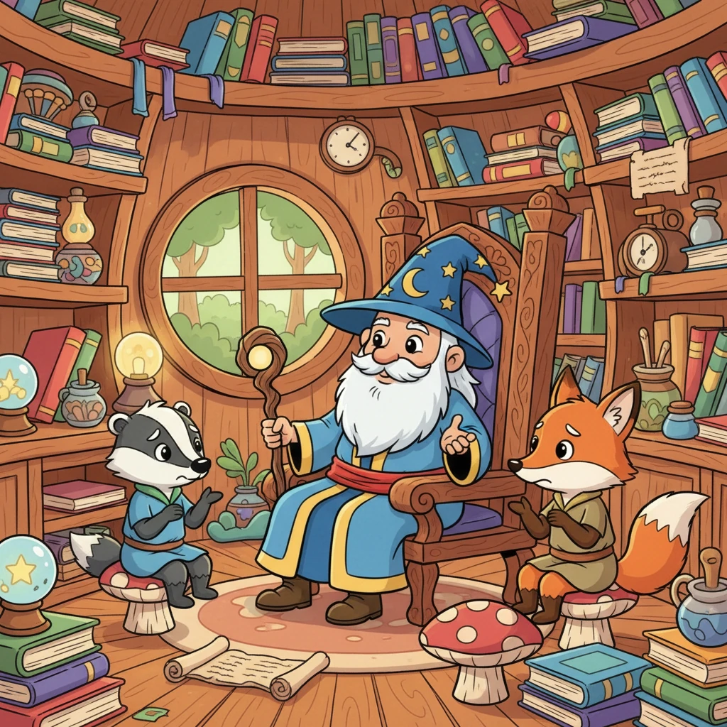 Professor Wisdom, a kind old man with a twinkle in his eye and a long, flowing white beard, listened patiently to their endless laments. His hut was a vibrant kaleidoscope of books and curiosities, reflecting his vast knowledge and playful spirit.