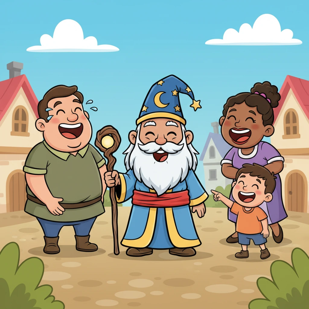 The villagers, initially surprised, quickly erupted into a thunderous roar of laughter. Their worries melted away as peals of joy echoed through the air, their faces beaming with unadulterated delight and exaggerated, cartoonish smiles.