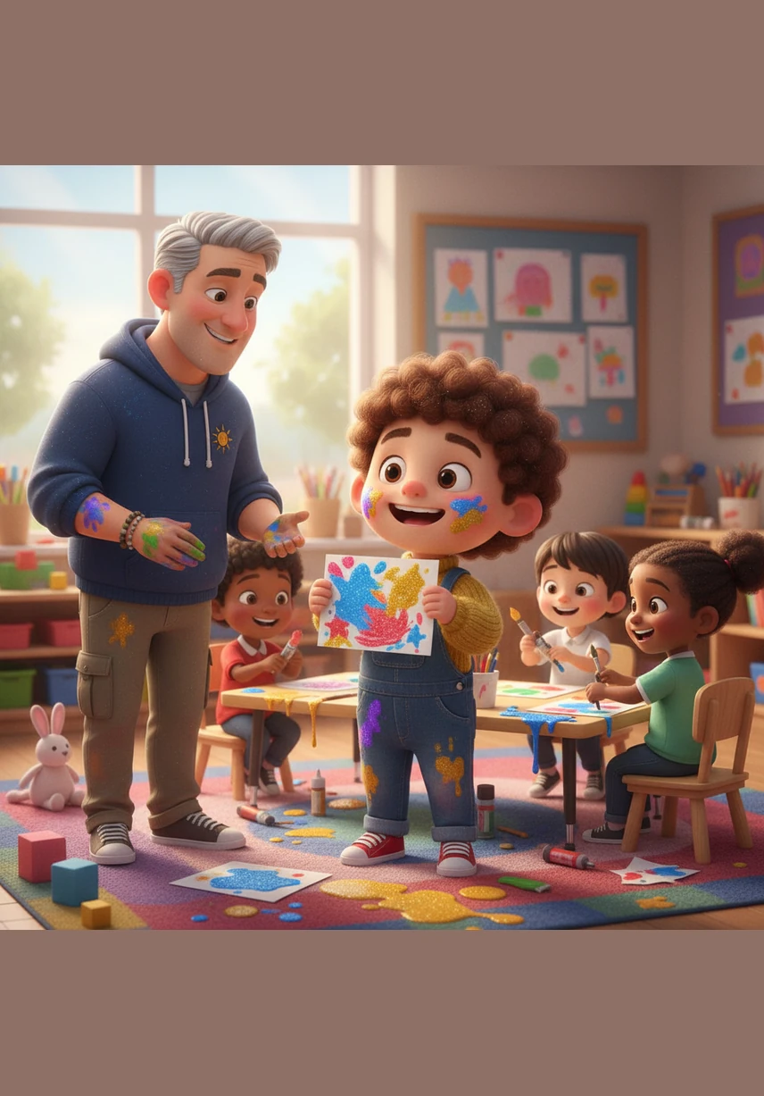 During craft time, the instructions are clear: use only a small amount of glue and keep the glitter on the trays. Leo and his friends decide to have a glitter rain party instead, covering the floor, the tables, and even their hair in shiny blue sparkles.