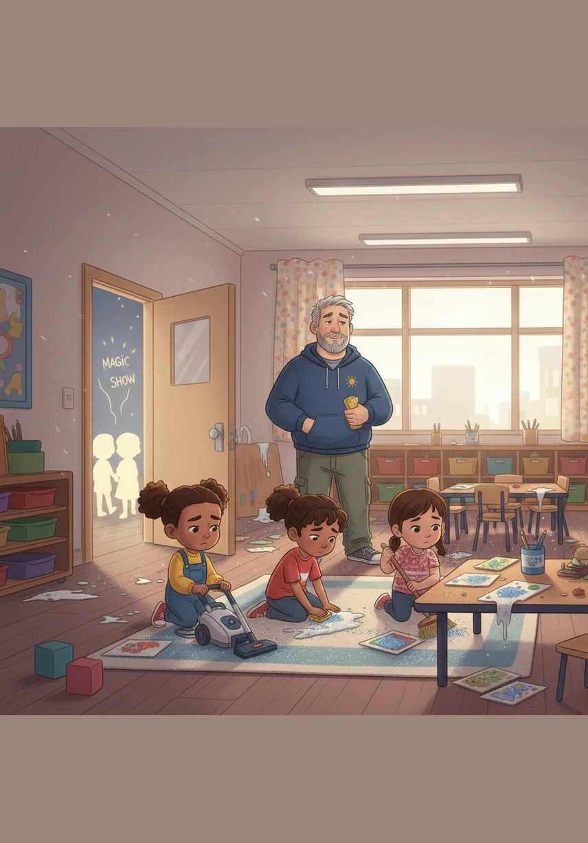 While the rest of the afterschool program heads to the gym for a special magic show, the Red Group has to stay behind with vacuum cleaners and sponges. They scrub the sticky glue and sweep up every last bit of glitter, hearing the cheers and laughter of the other kids from down the hall.