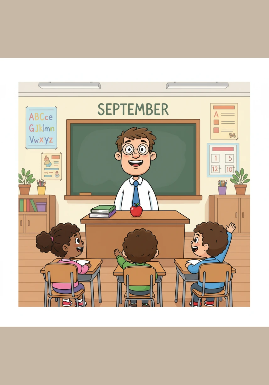 Mr. Higgins was a teacher who loved his job more than anything, even if he was a bit clumsy. He started the new month with a bright smile, a polished apple on his desk, and high hopes for a perfect four weeks of learning and fun.