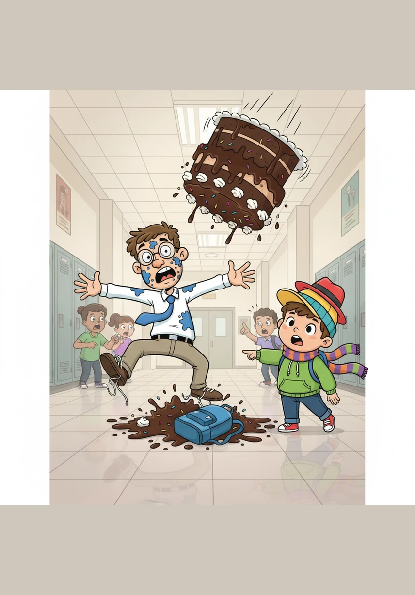 On the very first morning, Mr. Higgins proudly carried a three-tier chocolate cake into the school to celebrate the start of the month. Just as he reached the hallway, his shoelace caught on a stray backpack, and the cake performed a spectacular somersault before landing upside down on the floor.