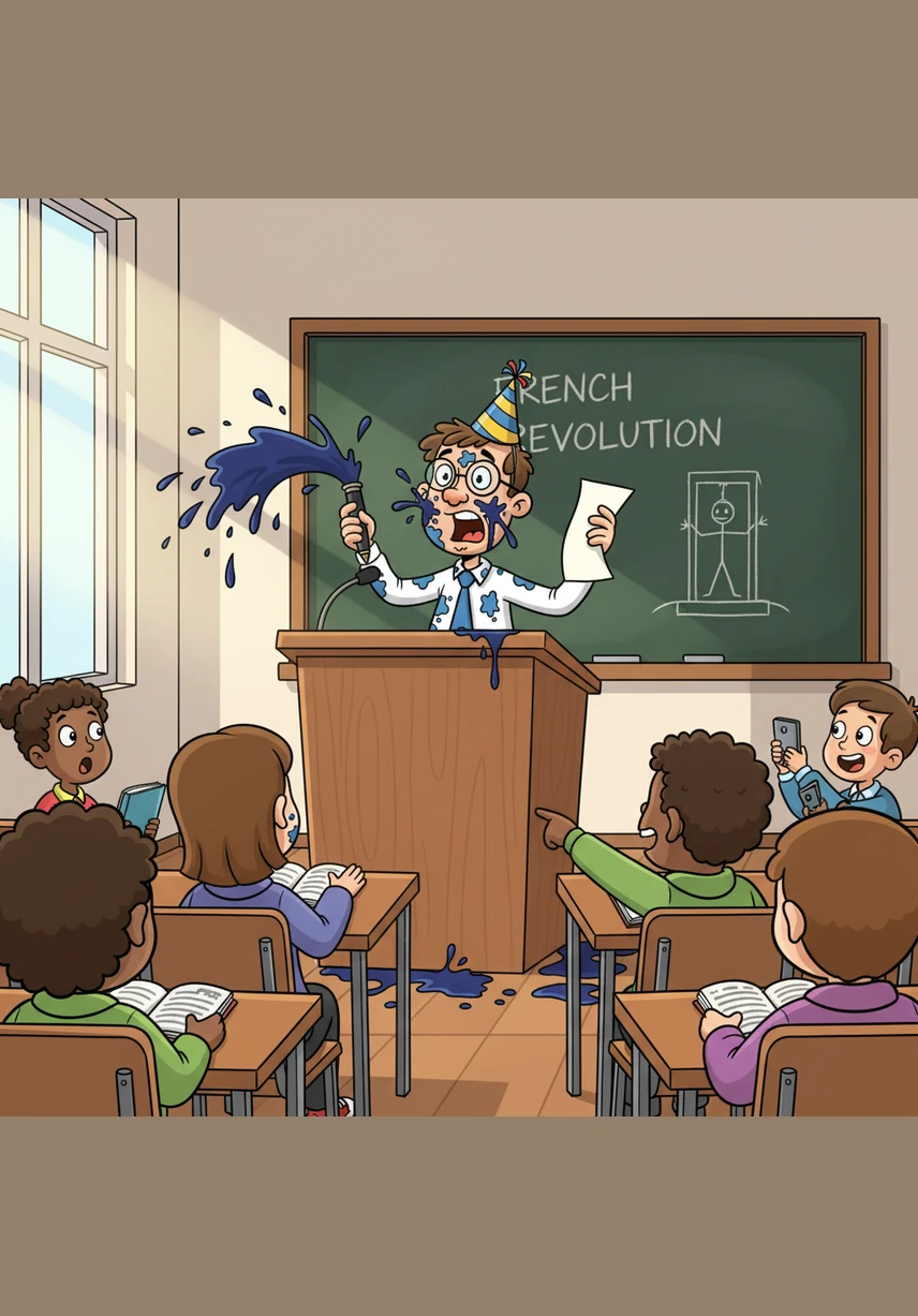 By the third day, the bad luck continued when his favorite fountain pen exploded during a very serious history lecture. He looked like a Dalmatian with blue ink spots all over his face and white shirt, but he kept right on teaching as if nothing had happened.