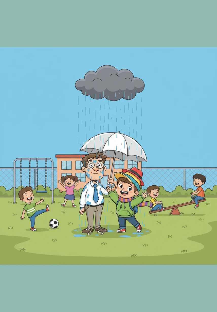 The middle of the month brought a strange localized rainstorm that seemed to follow only Mr. Higgins during recess. While the children played in the bright sunshine, he stood under a single dark cloud, getting soaked to the bone while holding a dry umbrella for a student.