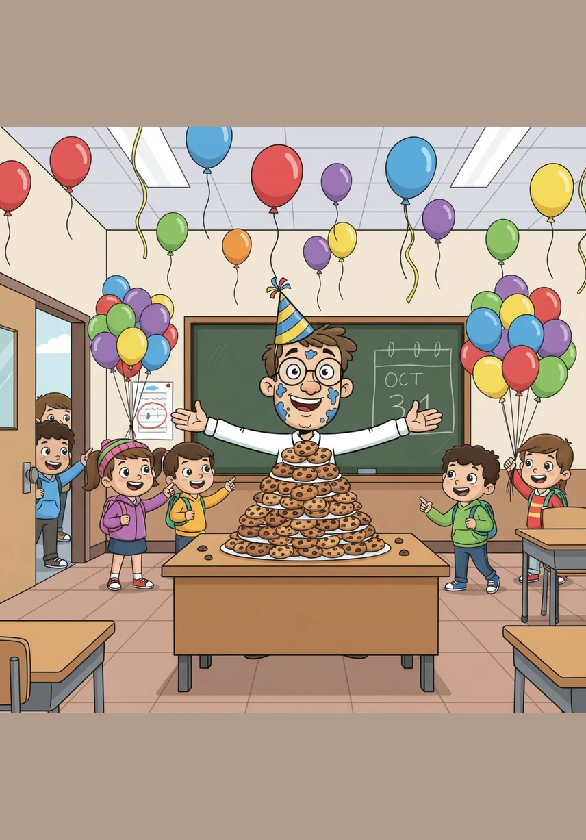 Finally, the thirty-first arrived, and Mr. Higgins decided to throw a grand party to turn his luck around. He blew up fifty colorful balloons and set out a mountain of cookies, waiting eagerly for his students to arrive for the after-school celebration.