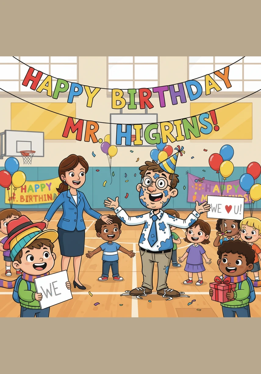 Just as he was about to pack up, the school principal peeked in and led him down to the gymnasium. The entire school was waiting there with a giant banner that read We Love Mr. Higgins, proving that even the worst month can end with the best surprise.