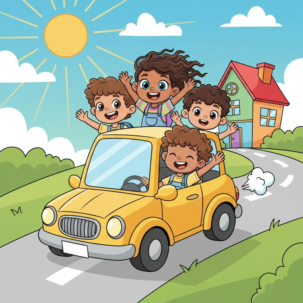 With a cheerful honk, their little yellow car zips down the road, leaving their colorful house behind. Sunny, Leo, Mia, and Lily all wave enthusiastically through the open windows, their hair playfully blowing in the wind. The sun shines brightly, painting the sky with happy blues and fluffy white clouds as they embark on their exciting journey.