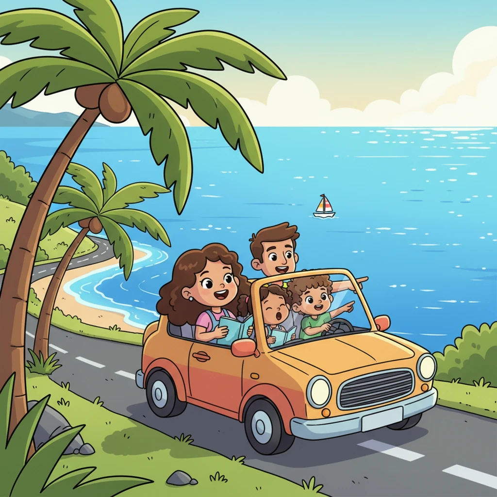 Soon, the sparkling blue ocean appears, stretching endlessly beside their car. Palm trees sway rhythmically as the family drives along the winding coastal road, the salty breeze tickling their noses. Sunny's eyes are wide with wonder, while Leo points out a distant sailboat and Mia and Lily sing along to a silly road trip song.