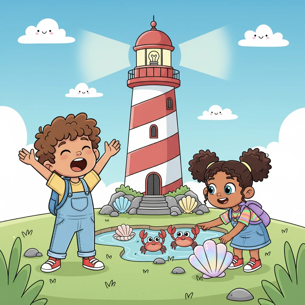 They pull over at a whimsical spot where a giant, friendly-looking lighthouse stands tall, painted with swirling stripes of red and white. Below it, a family of cartoon crabs waves their tiny claws from a tidal pool filled with colorful shells. The siblings hop out, stretching their legs and eagerly exploring the fascinating new scenery.