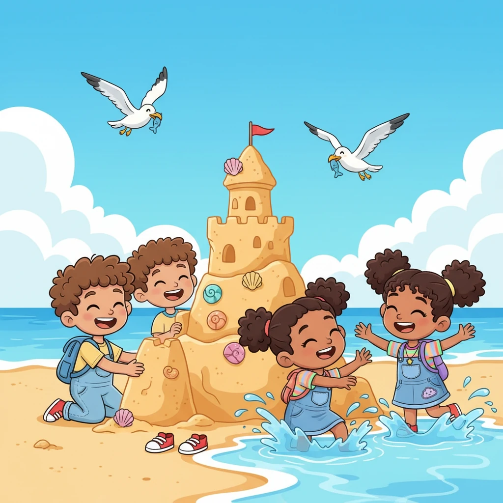 The children burst onto the sandy beach, their laughter echoing as they chase playful waves that leap onto the shore. Sunny helps Leo construct an enormous, wobbly sandcastle adorned with seashells, while Mia and Lily splash happily in the shallow water, splashing each other with glee. Seagulls with exaggerated expressions fly overhead, joining in the fun.