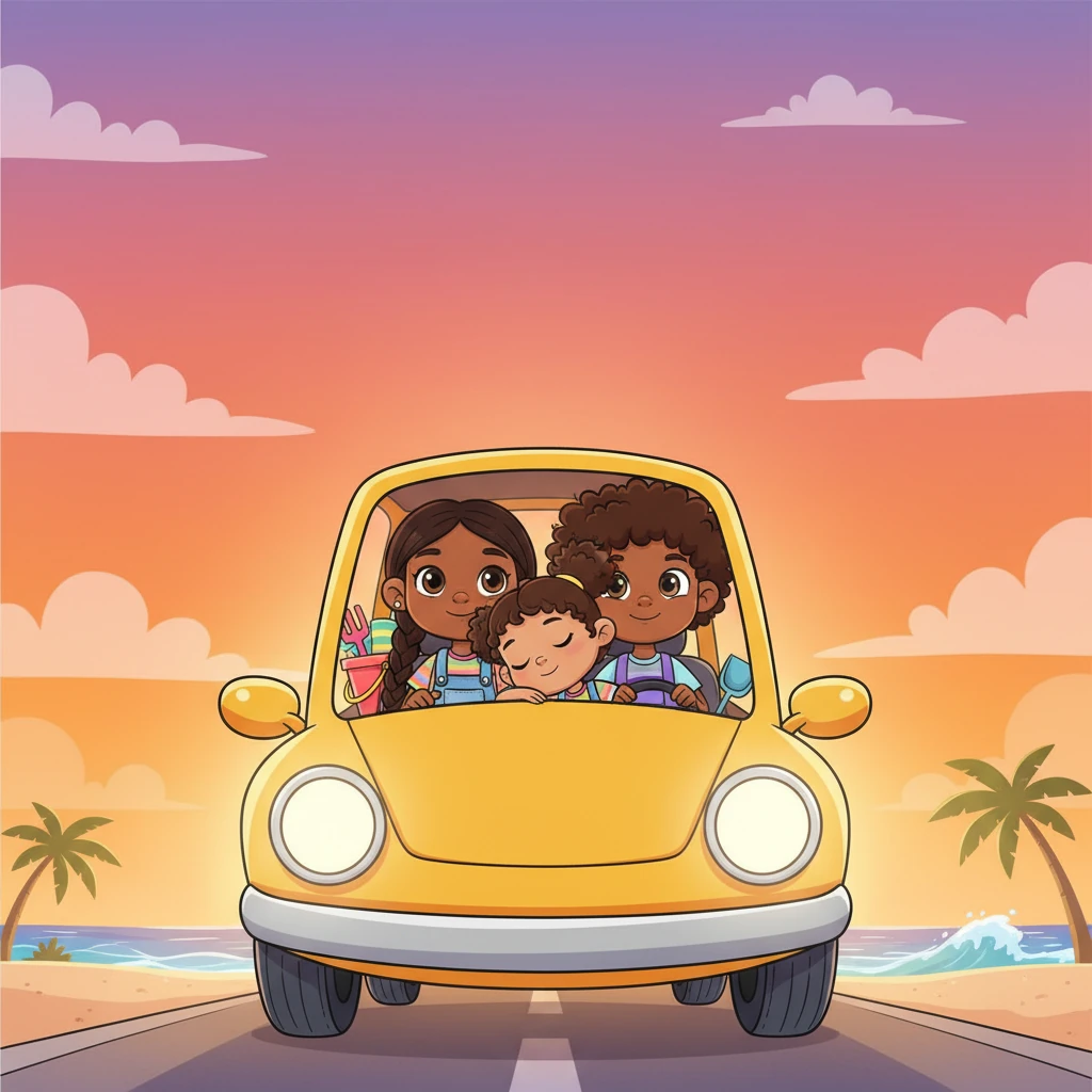 As the sun begins its spectacular descent, painting the sky in glorious hues of orange, pink, and purple, the tired but happy family piles back into their car. Sunny snuggles close to her sisters, dreaming of their next grand adventure. Their little yellow car glows softly in the twilight, carrying home a carload of precious memories from their perfect beachside road trip.
