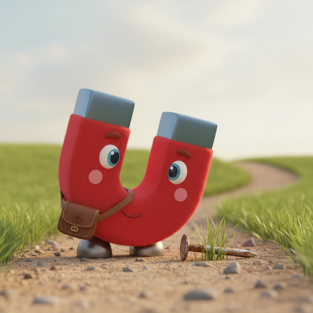 As he rolled along, feeling a bit lost, a tiny glint caught his eye. Peeking out from beneath a patch of grass was a small, metallic nail, slightly rusted but undeniably shiny. Max felt a flicker of curiosity.