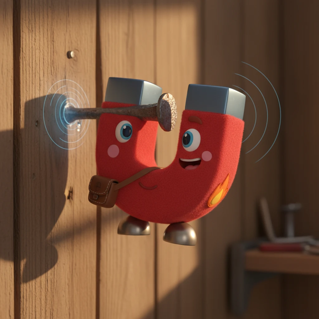 With renewed hope, Max cautiously approached the nail, his magnetic field reaching out. CLICK! A delightful sound echoed as he firmly attached himself to the nail. Max wiggled with pure joy, a real friend at last!