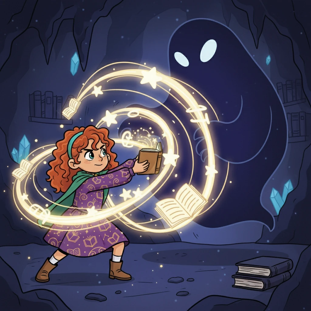 Maya, determinata a proteggere le storie, affrontò il Silenziatore.  Con coraggio e creatività, creò una storia che illuminò l'oscurità, intrecciando le parole come fili di luce.