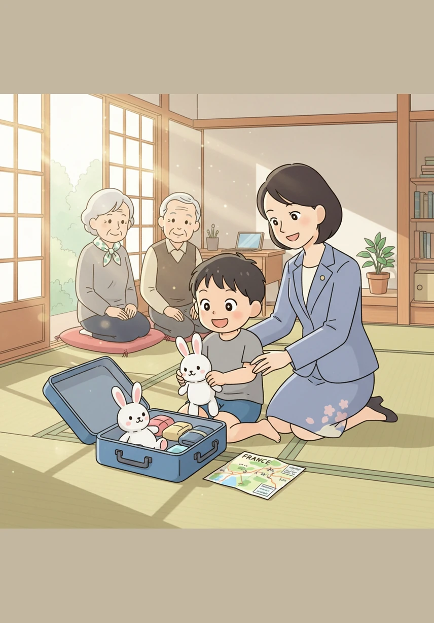 Dans sa chambre ensoleillée au Japon, Kenji prépare soigneusement sa petite valise bleue. Il y glisse son doudou préféré et une carte de la France, le cœur battant d'excitation pour ce grand voyage vers l'inconnu.