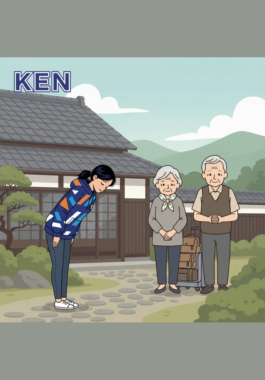 Devant leur maison traditionnelle, Kenji embrasse tendrement ses grands-parents pour leur dire au revoir. Ils lui confient une petite amulette porte-bonheur japonaise pour protéger son long vol vers l'Europe.