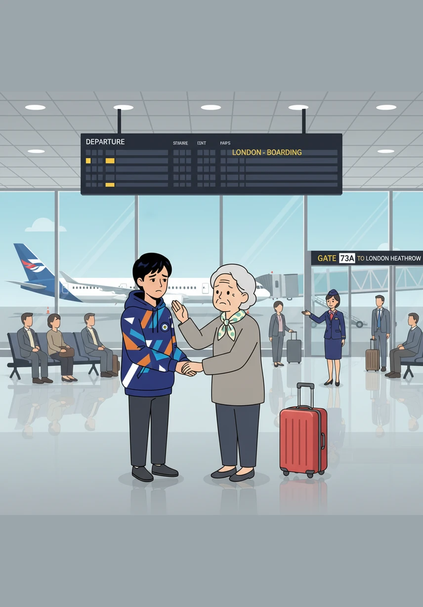 L'aéroport de Tokyo est immense et rempli de lumières scintillantes et de voyageurs pressés. Kenji tient fermement la main de sa maman en regardant les grands panneaux d'affichage qui indiquent la direction de Paris.