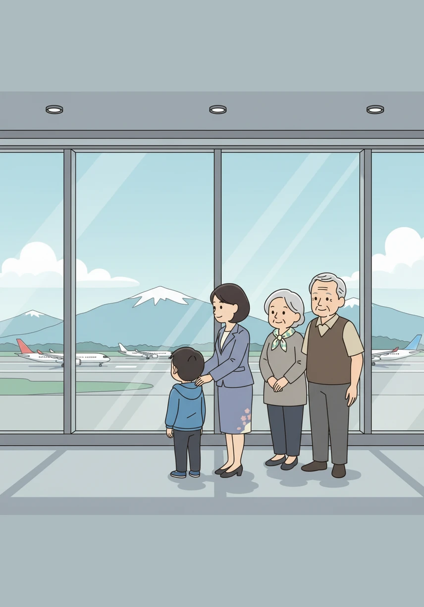 Derrière la grande vitre du terminal, Kenji observe avec fascination les avions géants qui se préparent sur la piste. Il s'imagine déjà voler au-dessus des montagnes et des océans comme un oiseau migrateur.