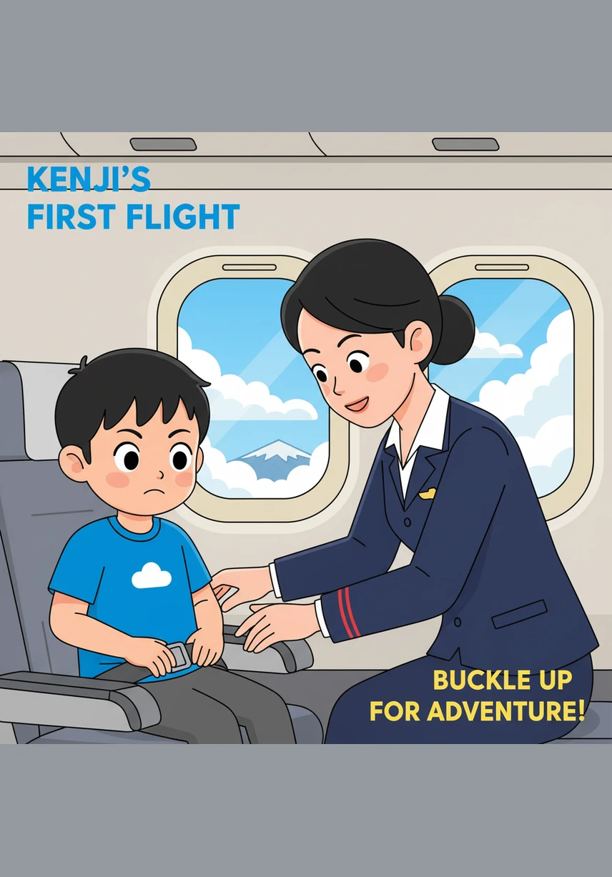 À l'intérieur de l'avion, Kenji s'installe fièrement sur son siège près du hublot et attache sa ceinture. L'hôtesse de l'air lui offre un petit carnet de coloriage pour l'accompagner durant les douze heures de traversée.