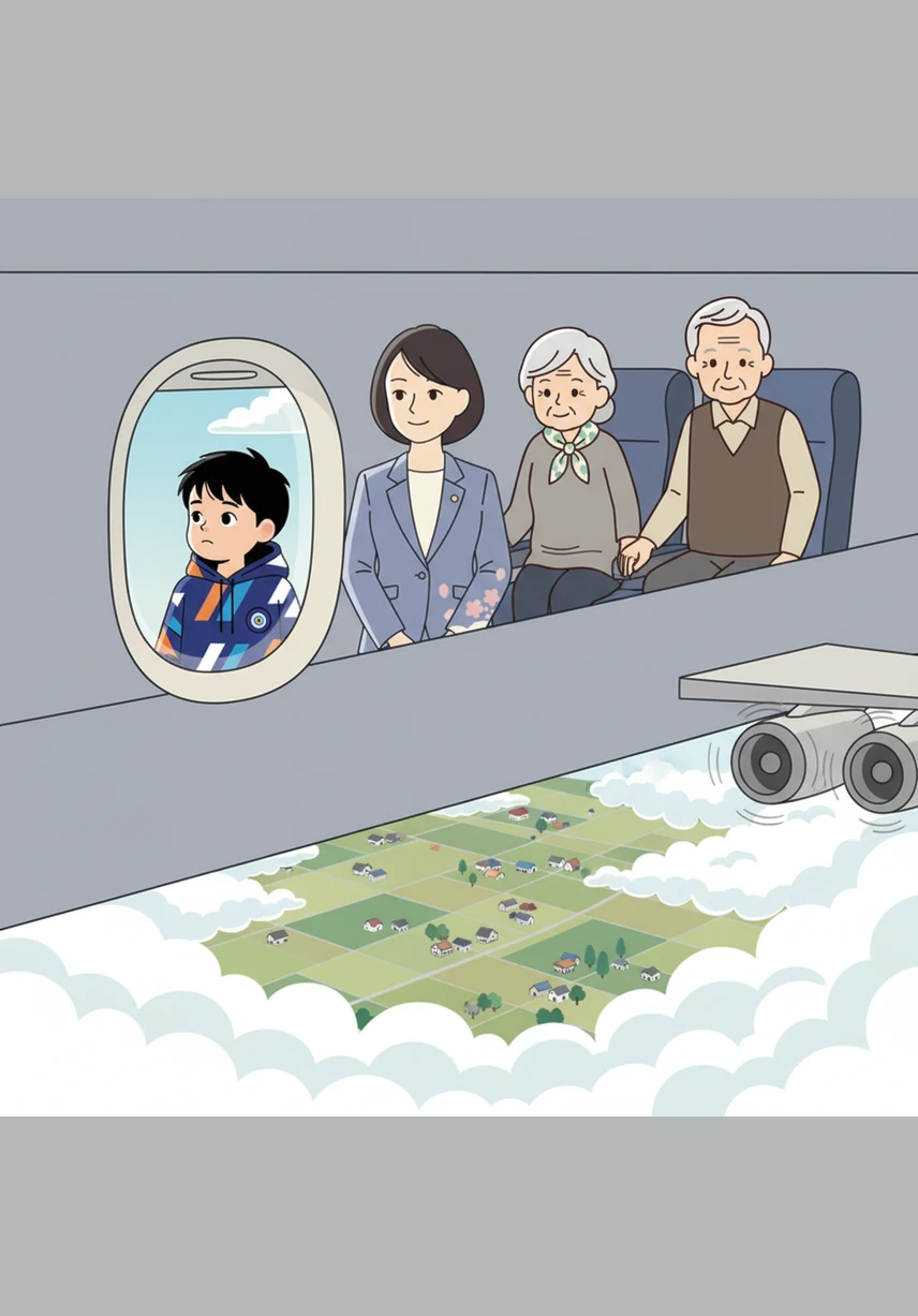 Les moteurs vrombissent et l'avion s'élance vers le ciel, laissant derrière lui les paysages familiers du Japon. Kenji regarde les maisons devenir minuscules comme des jouets avant de disparaître sous un tapis de nuages blancs.
