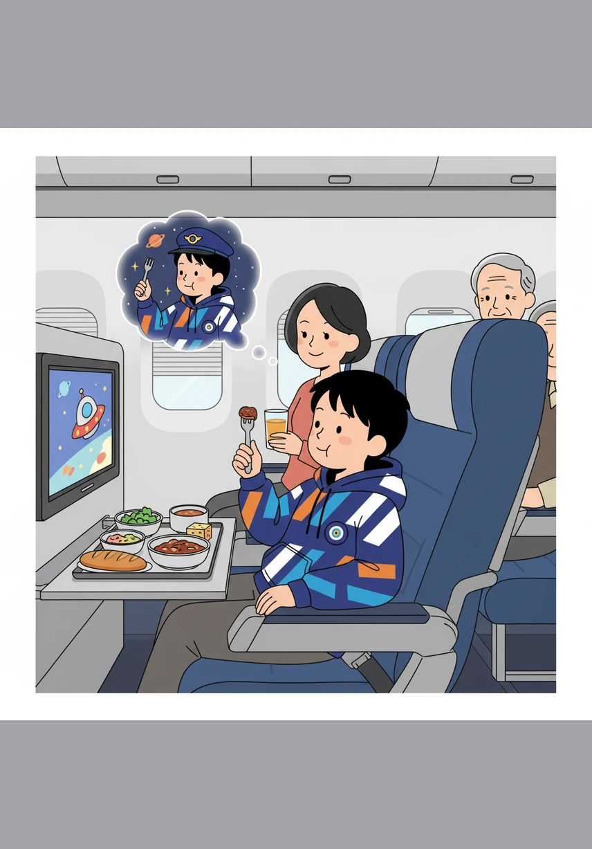 Le plateau-repas arrive et Kenji goûte avec curiosité aux nouvelles saveurs qui l'attendent en France. Entre deux bouchées, il regarde un dessin animé sur son petit écran personnel, se sentant comme le capitaine d'un vaisseau spatial.