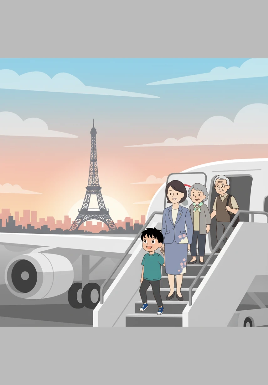 Au petit matin, les roues touchent enfin le sol français et Kenji aperçoit au loin la silhouette de la Tour Eiffel. L'excitation remplace instantanément la fatigue alors qu'il descend de l'avion dans ce nouveau pays plein de mystères.