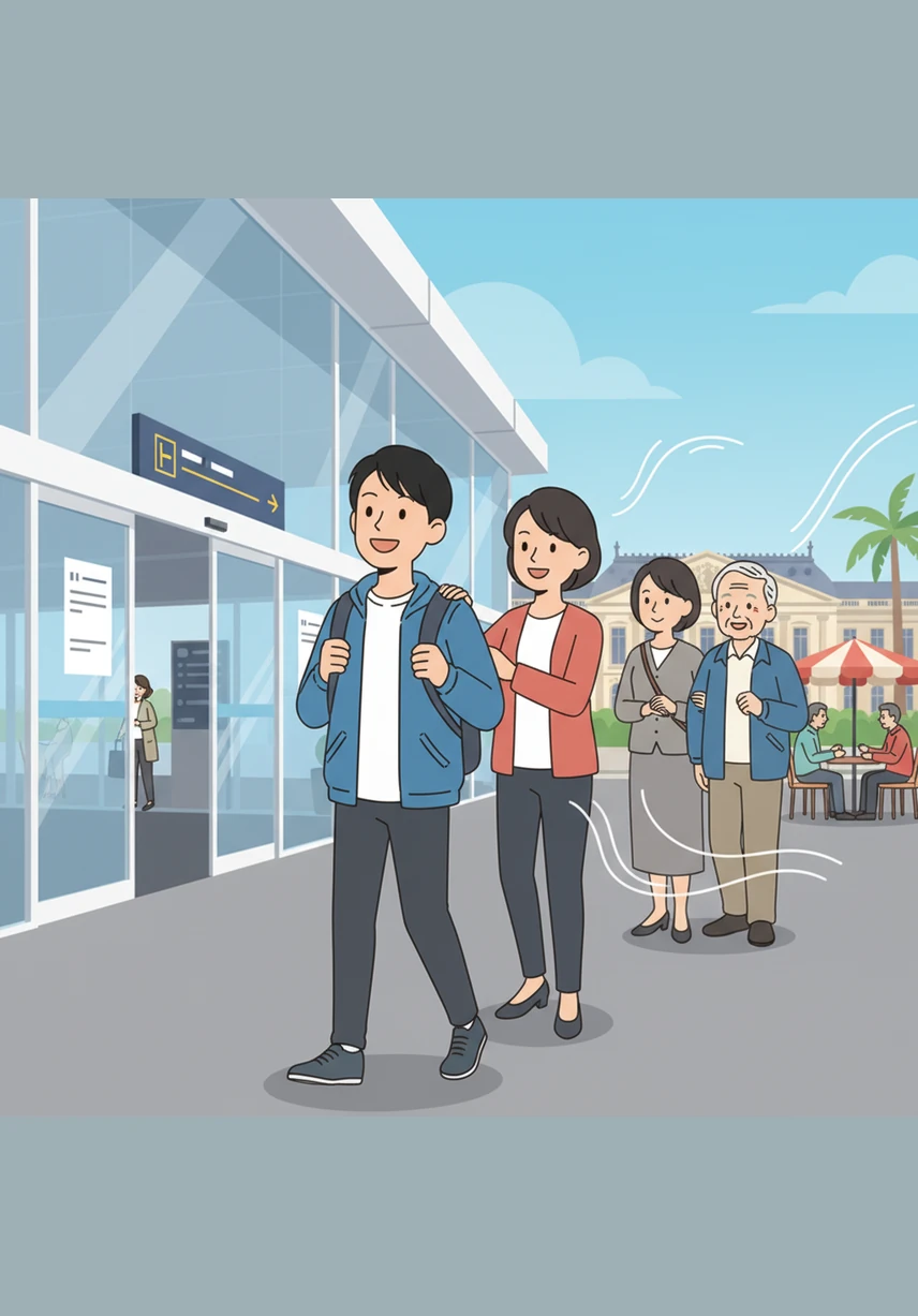 Kenji sort de l'aéroport de Paris, respirant l'air frais et écoutant les gens parler une langue nouvelle et chantante. Son incroyable voyage du Japon à la France commence enfin, promettant des souvenirs et des amitiés inoubliables.