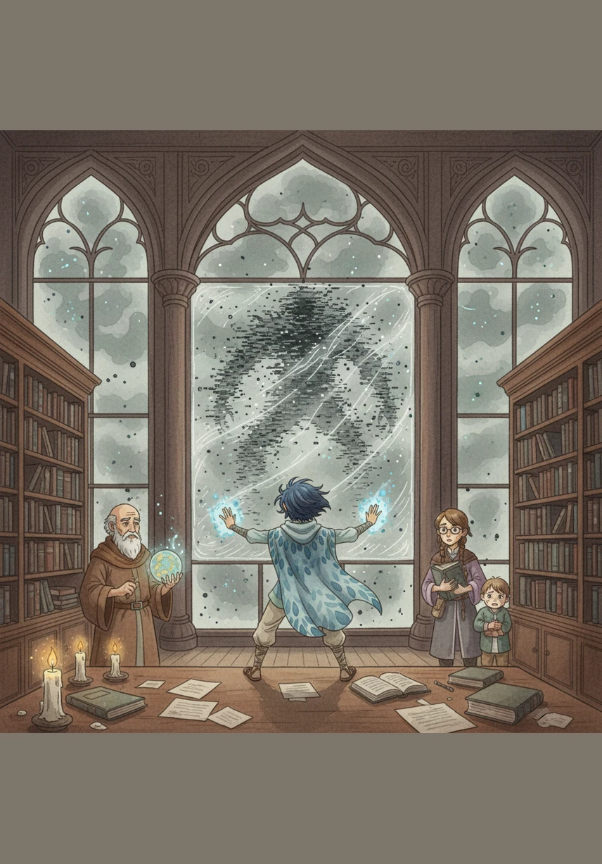 Outside the library windows, the vibrant world began to tremble as a thick, gray fog known as the Great Noise rolled across the horizon. It swallowed every sound and color in its path, turning the bustling city into a silent, colorless ghost of its former self.