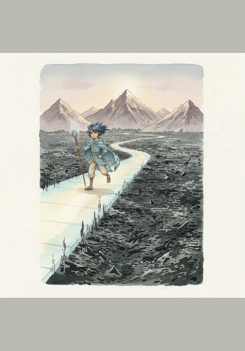 Elian stepped out into the world, walking upon a shimmering bridge of light that floated safely above the chaotic, swirling static of the Great Noise. He traveled toward the distant mountains, seeking the Heart of Sound where the world’s music had first begun to fade.