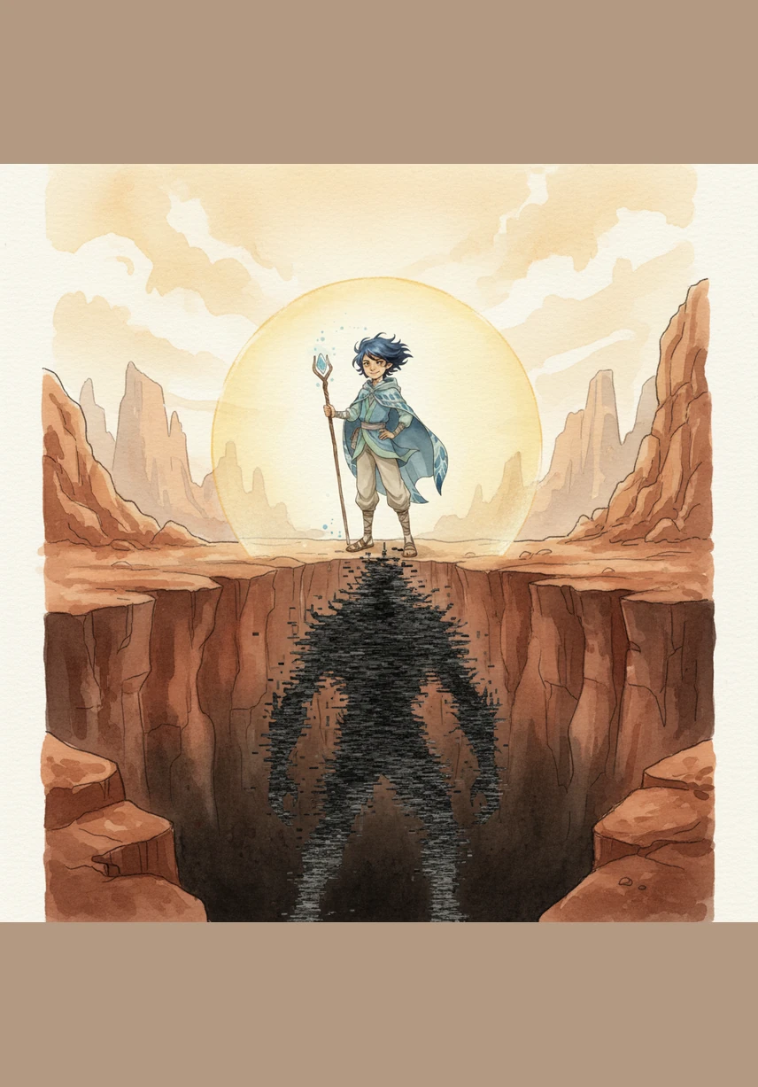 At the edge of the Canyon of Echoes, a giant shadow beast made of jagged television static rose from the depths to block his path. Instead of running, Elian closed his eyes and breathed deeply, causing the prism to shield him in a shimmering golden dome of absolute tranquility.