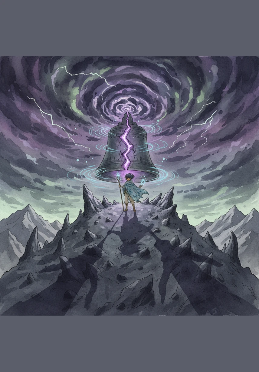 At the very summit, he found the Source of the Noise, a giant cracked bell that was vibrating with a frequency that threatened to shake the world into dust. The sky above was a swirling vortex of angry purples and grays, casting long, frightening shadows across the mountain range.