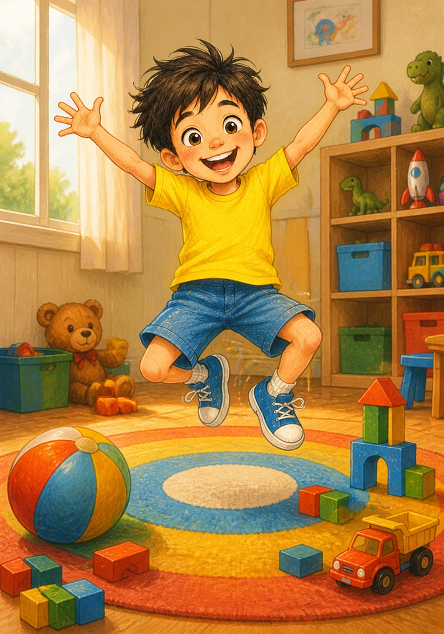 Ray is a cheerful 8-year-old boy with messy hair and a bright yellow shirt, jumping joyfully on a colorful rug in his playroom. He has a big, friendly smile and wide eyes, surrounded by his favorite toys like building blocks and a bouncy ball.