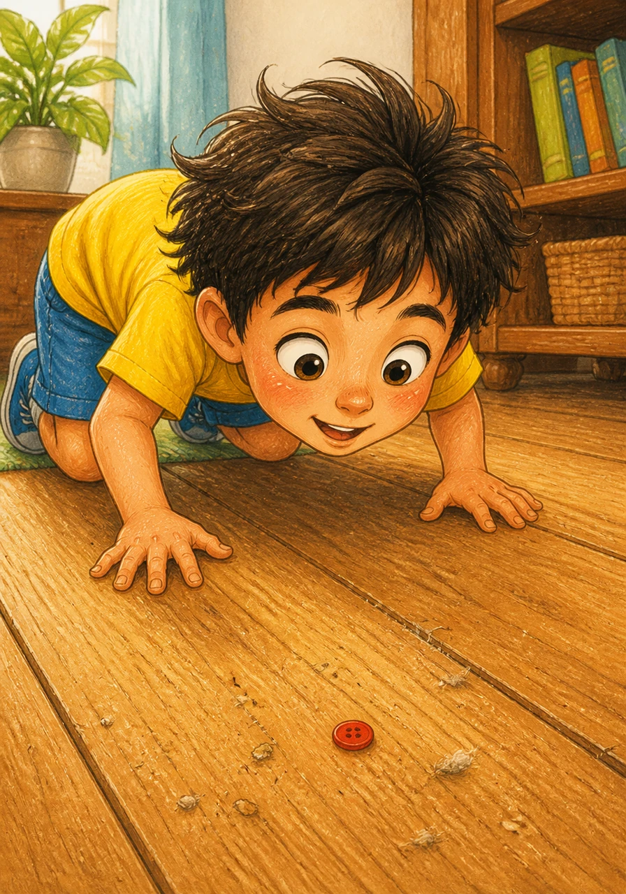 Ray crouches down low on his hands and knees, peering very closely at the wooden floorboards with great curiosity. A playful illustration style shows his focus as he notices tiny specks of dust and a single colorful button lost on the ground.
