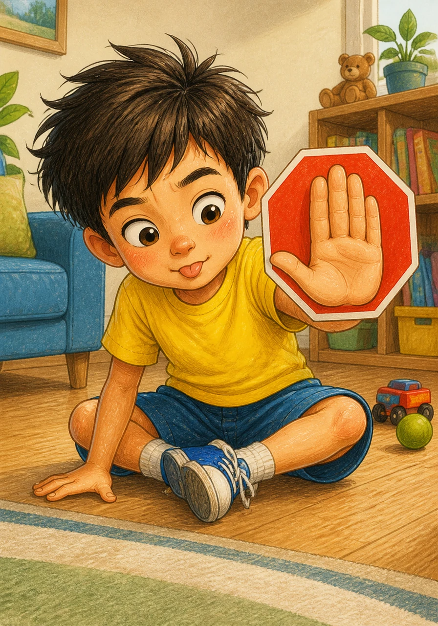 Ray sits on the floor with his tongue slightly out, looking like he might give the floor a lick, but he suddenly holds up a big red STOP hand sign. His expression is thoughtful and determined as he remembers to pause his body and think for a second.