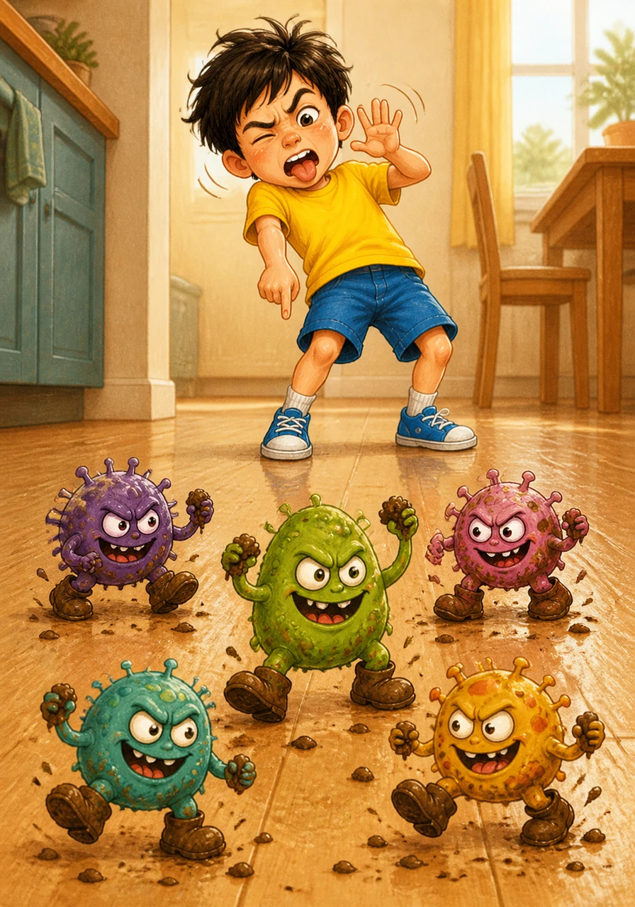 A silly and exaggerated illustration shows tiny, grumpy-looking germs on the floor wearing muddy boots and holding bits of dirt. Ray stands back with a funny yuck face, pointing at the floor and shaking his head to show that floors are definitely not for eating.