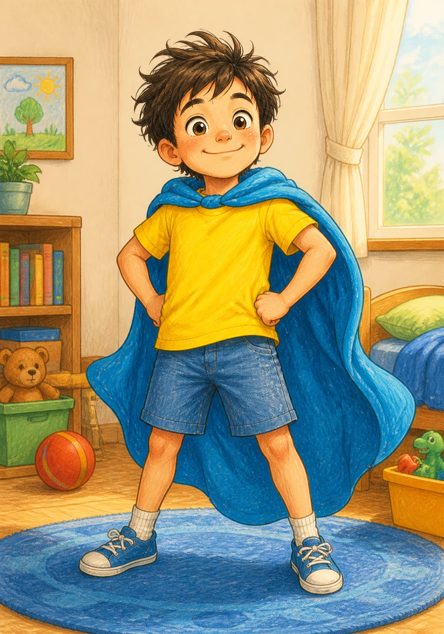 Ray stands tall and proud like a superhero with his hands on his hips, wearing a pretend cape made of a bright blue blanket. He looks confident and strong, showing the reader that he is the smart boss of his own body and can make great choices.