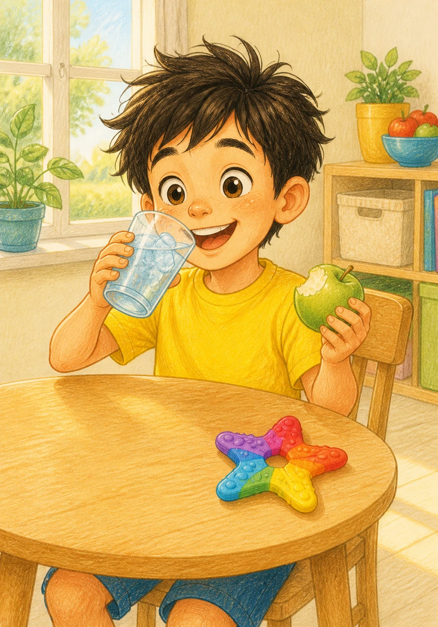 Ray sits at a small, sunny table happily drinking a cold glass of water and holding a crunchy green apple. Next to him is a colorful star-shaped silicone chewy toy, showing all the safe and tasty things he can choose instead of the floor.